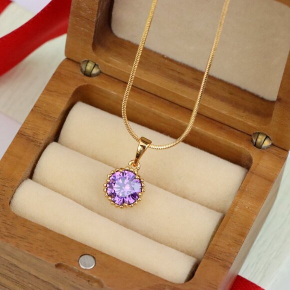 "Rose Gold Pendant with Round Purple Stone and Beaded Frame Accent, XPPT1608 - Picture 10 of 12